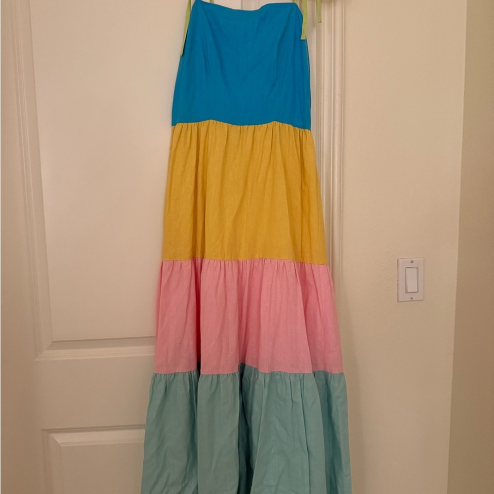OLIVIA RUBIN Blue Yellow Pink and Green Tiered Maxi Dress. new with Tags.